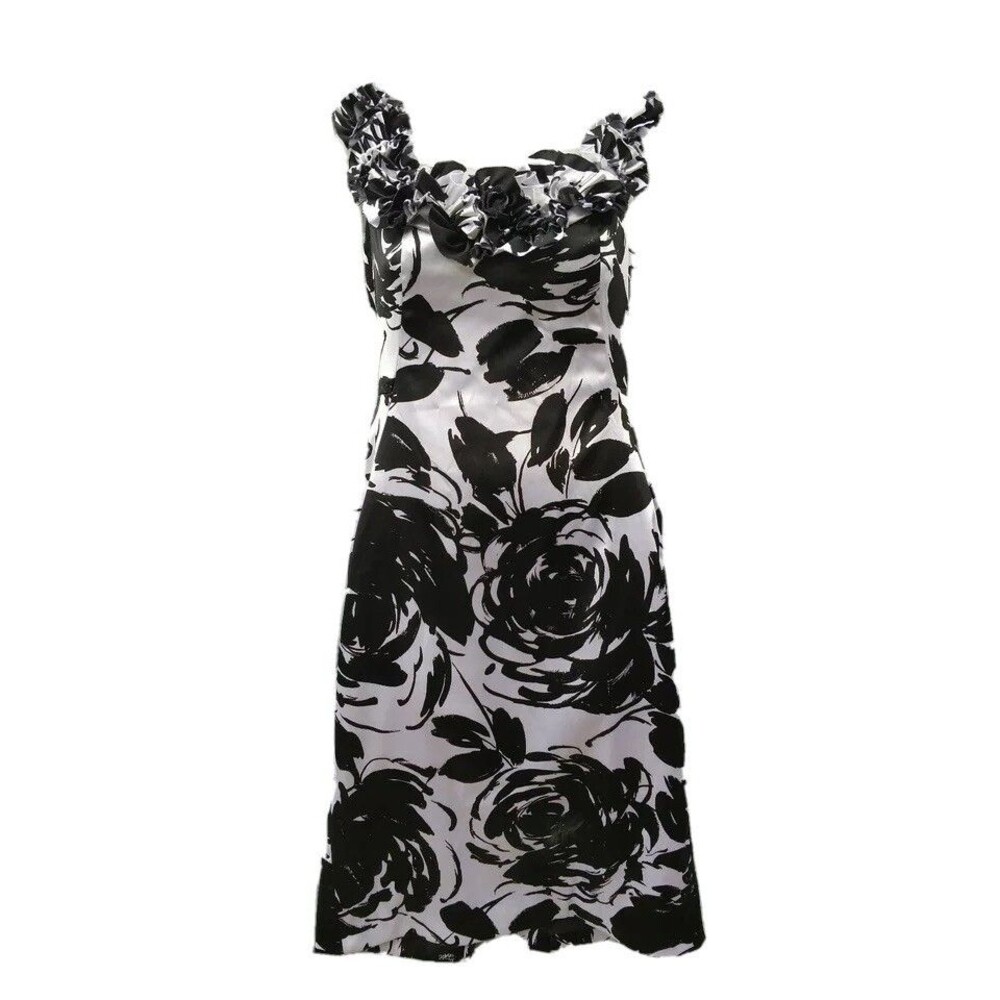 WHITE HOUSE BLACK MARKET Black White Cocktail Dress Short  Ruffles Women Size 00